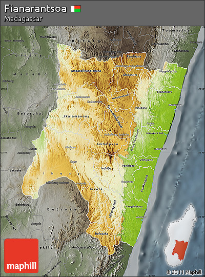 Physical Map of Fianarantsoa, darken, semi-desaturated