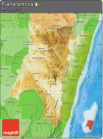 Physical Map of Fianarantsoa, political shades outside