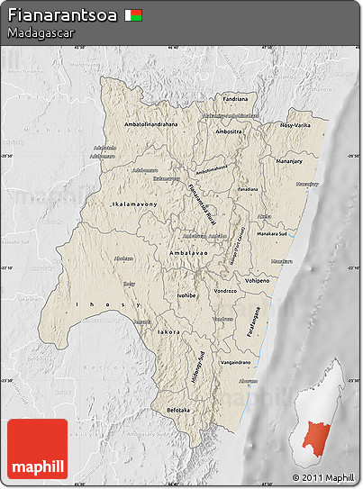 Shaded Relief Map of Fianarantsoa, lighten, desaturated
