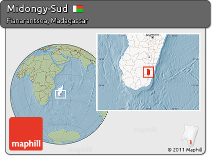 Savanna Style Location Map of Midongy-Sud, highlighted country, hill shading