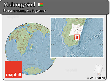 Savanna Style Location Map of Midongy-Sud, highlighted parent region, hill shading
