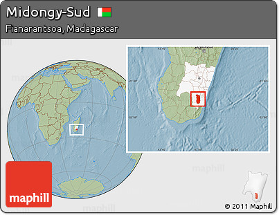 Savanna Style Location Map of Midongy-Sud, highlighted parent region, hill shading