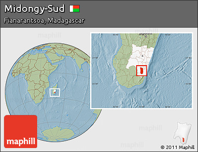 Savanna Style Location Map of Midongy-Sud, highlighted parent region, hill shading