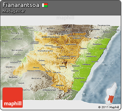 Physical Panoramic Map of Fianarantsoa, semi-desaturated