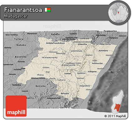 Shaded Relief Panoramic Map of Fianarantsoa, darken, desaturated