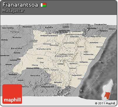 Shaded Relief Panoramic Map of Fianarantsoa, darken, desaturated