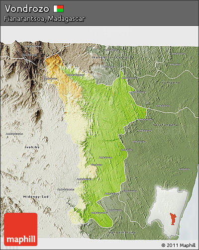 Physical 3D Map of Vondrozo, semi-desaturated