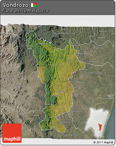 Satellite 3D Map of Vondrozo, semi-desaturated