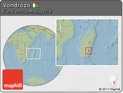 Savanna Style Location Map of Vondrozo, within the entire country, hill shading