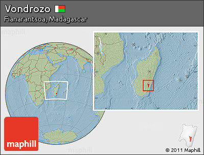 Savanna Style Location Map of Vondrozo, within the entire country, hill shading
