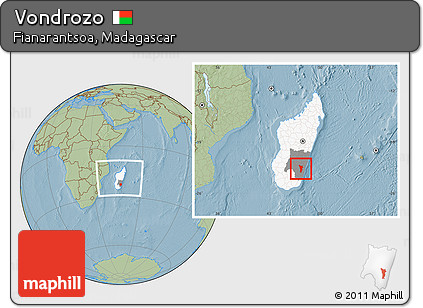 Savanna Style Location Map of Vondrozo, highlighted country, highlighted parent region, within the entire country, hill shading