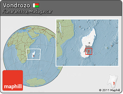 Savanna Style Location Map of Vondrozo, highlighted country, highlighted parent region, within the entire country, hill shading