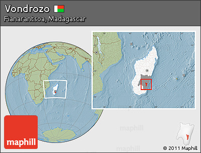Savanna Style Location Map of Vondrozo, highlighted country, highlighted parent region, within the entire country, hill shading
