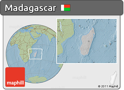 Gray Location Map of Madagascar, savanna style outside, hill shading