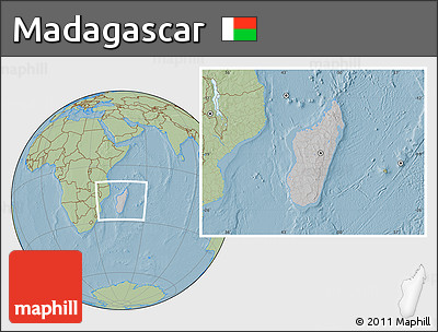 Gray Location Map of Madagascar, savanna style outside, hill shading