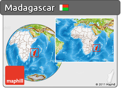Physical Location Map of Madagascar, highlighted continent, within the entire continent