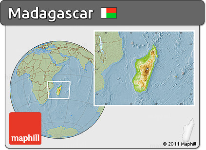 Physical Location Map of Madagascar, savanna style outside, hill shading