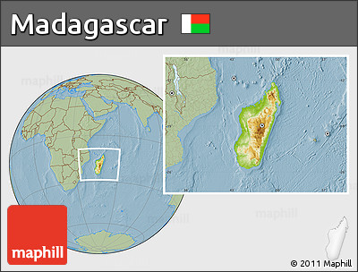 Physical Location Map of Madagascar, savanna style outside, hill shading