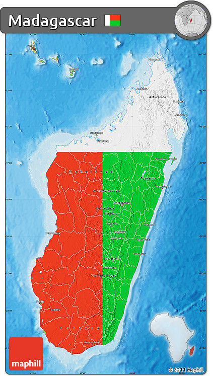 Flag Map of Madagascar, physical outside, bathymetry sea, flag rotated