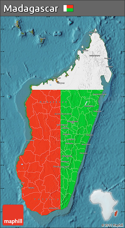 Flag Map of Madagascar, satellite outside, flag aligned to the middle