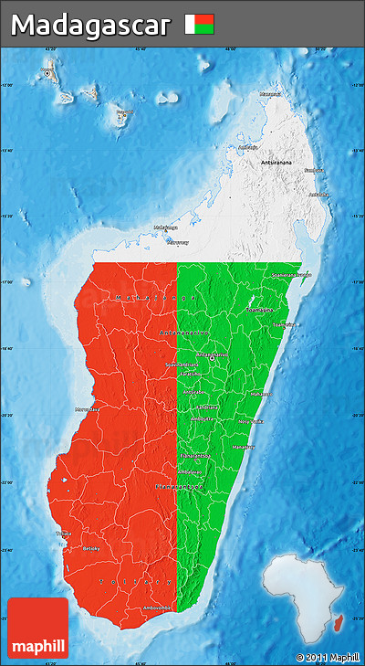 Flag Map of Madagascar, shaded relief outside, bathymetry sea, flag rotated