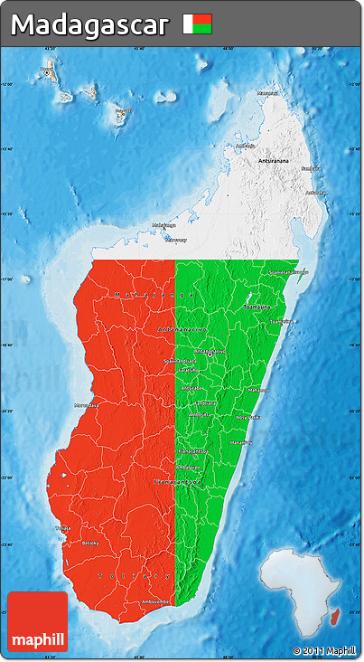 Flag Map of Madagascar, shaded relief outside, bathymetry sea, flag rotated