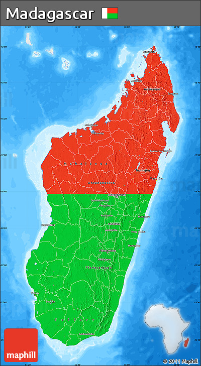 Flag Map of Madagascar, single color outside, bathymetry sea, flag centered