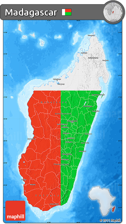 Flag Map of Madagascar, single color outside, bathymetry sea, flag aligned to the middle