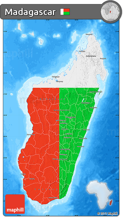 Flag Map of Madagascar, single color outside, bathymetry sea, flag rotated