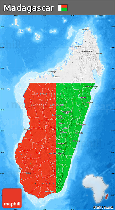 Flag Map of Madagascar, single color outside, bathymetry sea, flag rotated