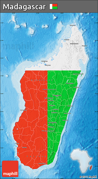 Flag Map of Madagascar, single color outside, bathymetry sea, shaded relief sea, flag aligned to the middle