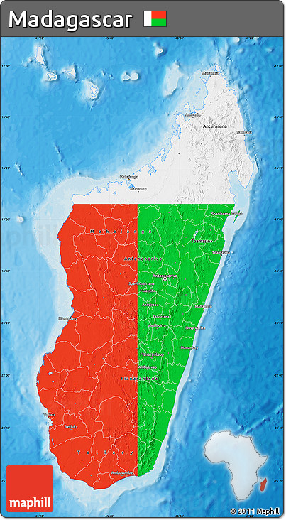 Flag Map of Madagascar, single color outside, bathymetry sea, shaded relief sea, flag aligned to the middle