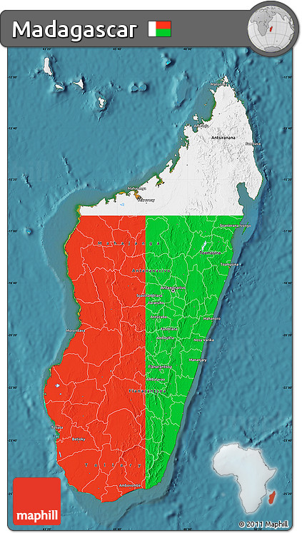Flag Map of Madagascar, single color outside, satellite sea, flag aligned to the middle