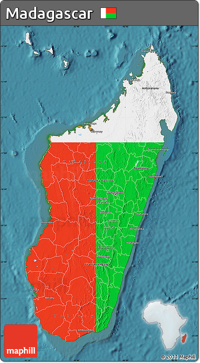 Flag Map of Madagascar, single color outside, satellite sea, flag aligned to the middle