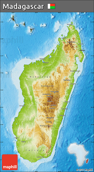 Physical Map of Madagascar, darken, land only