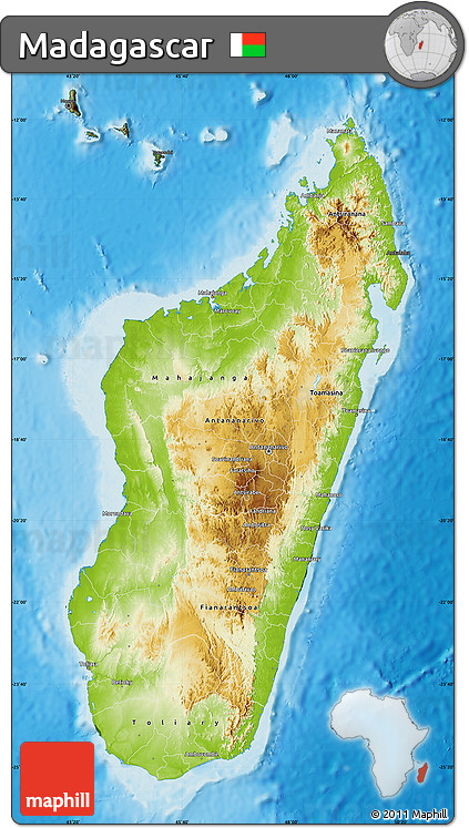 Physical Map of Madagascar, darken, land only