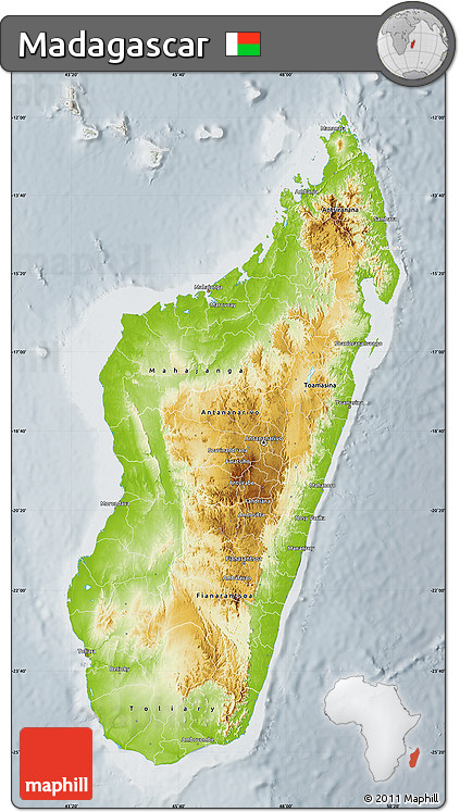 Physical Map of Madagascar, lighten, semi-desaturated
