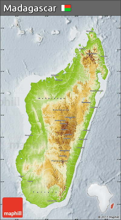 Physical Map of Madagascar, lighten, semi-desaturated