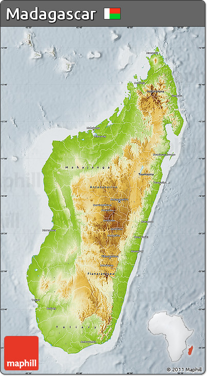 Physical Map of Madagascar, lighten, semi-desaturated