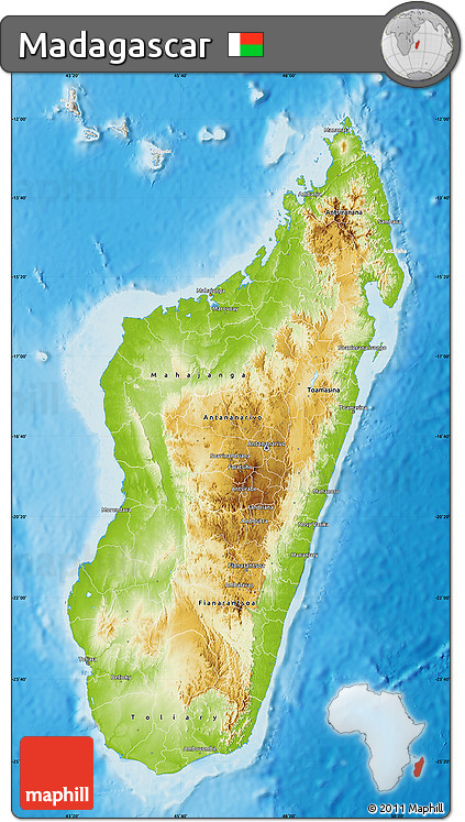 Physical Map of Madagascar, lighten, semi-desaturated, land only