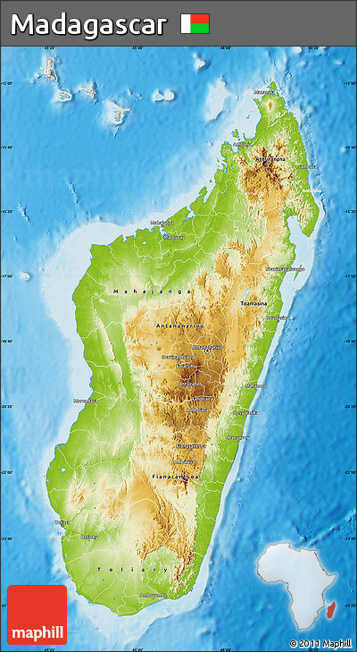Physical Map of Madagascar, lighten, semi-desaturated, land only