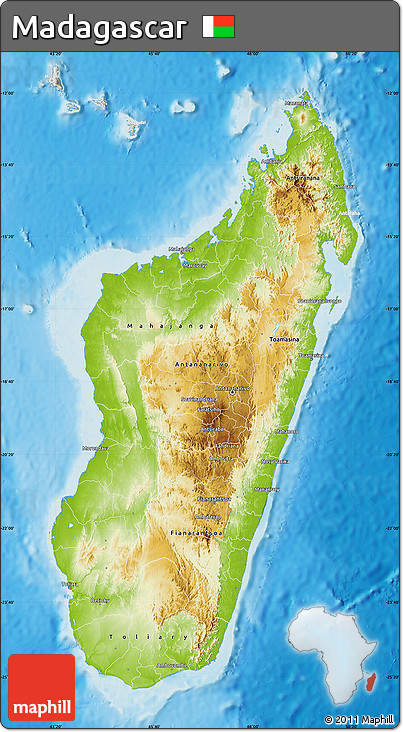 Physical Map of Madagascar, lighten, semi-desaturated, land only