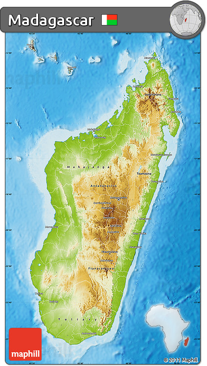 Physical Map of Madagascar, semi-desaturated, land only