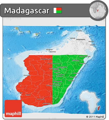 Flag Panoramic Map of Madagascar, physical outside, flag rotated