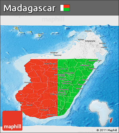 Flag Panoramic Map of Madagascar, physical outside, flag rotated