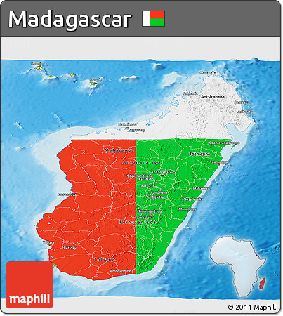 Flag Panoramic Map of Madagascar, physical outside, flag rotated