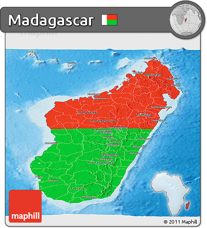 Flag Panoramic Map of Madagascar, shaded relief outside, flag centered