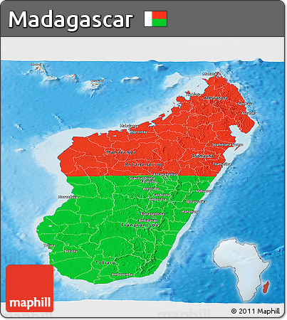 Flag Panoramic Map of Madagascar, shaded relief outside, flag centered