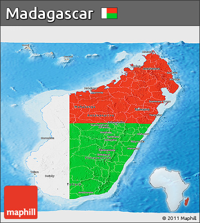 Flag Panoramic Map of Madagascar, shaded relief outside