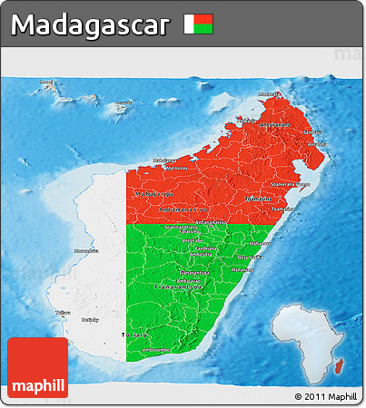 Flag Panoramic Map of Madagascar, shaded relief outside